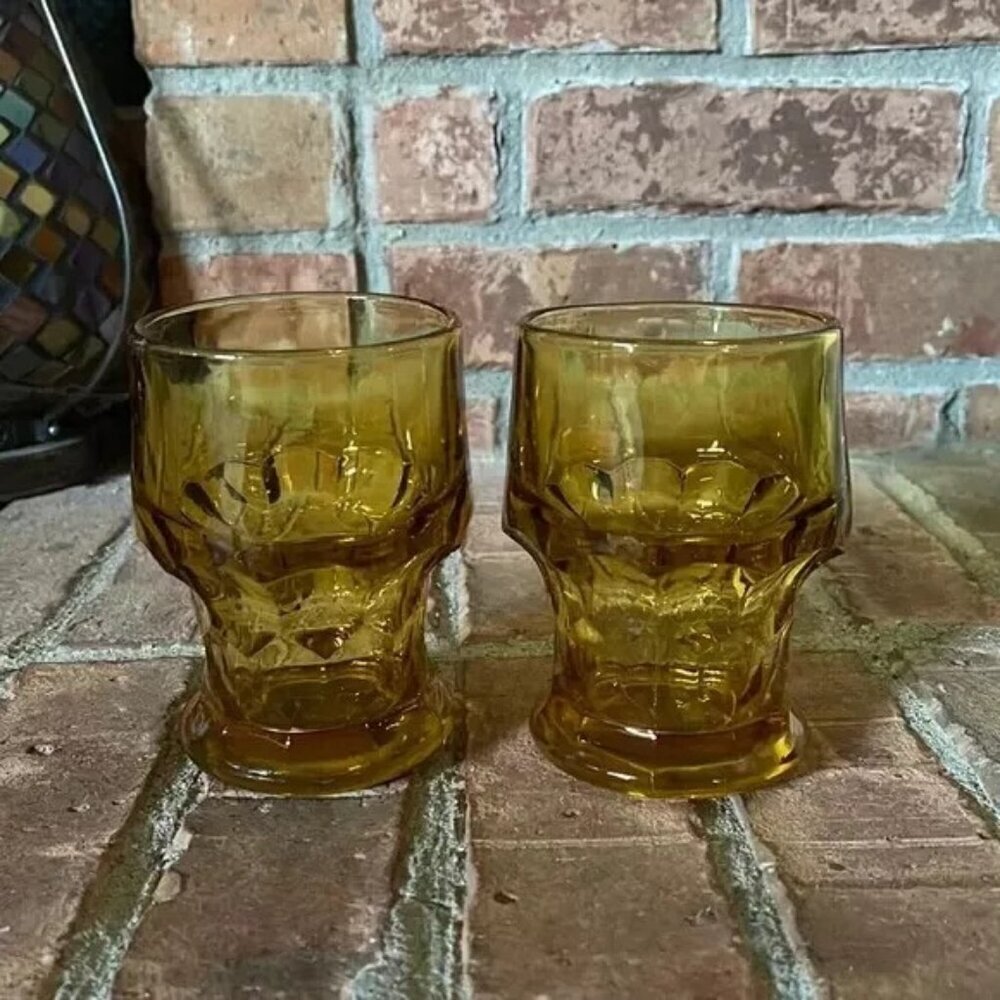 Vtg Anchor Hocking Amber Georgian Honeycomb Juice Glasses Set of 2